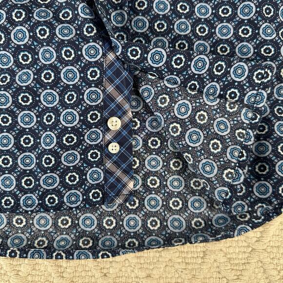 TailorByrd Men's M Geometric Floral Print Shirt Blue Flip Cuff Contrast Accents - Picture 3 of 8